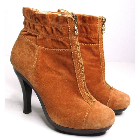 MICHAEL KORS Tan Suede Leather High Heeled Front Zip Ankle Boots Women 7 - Picture 1 of 12